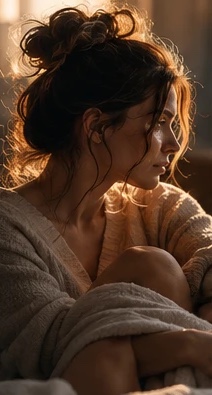 Woman sitting alone by the window in warm morning light