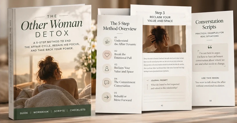 The Other Woman Detox guide, 5-step method overview, workbook page and conversation scripts